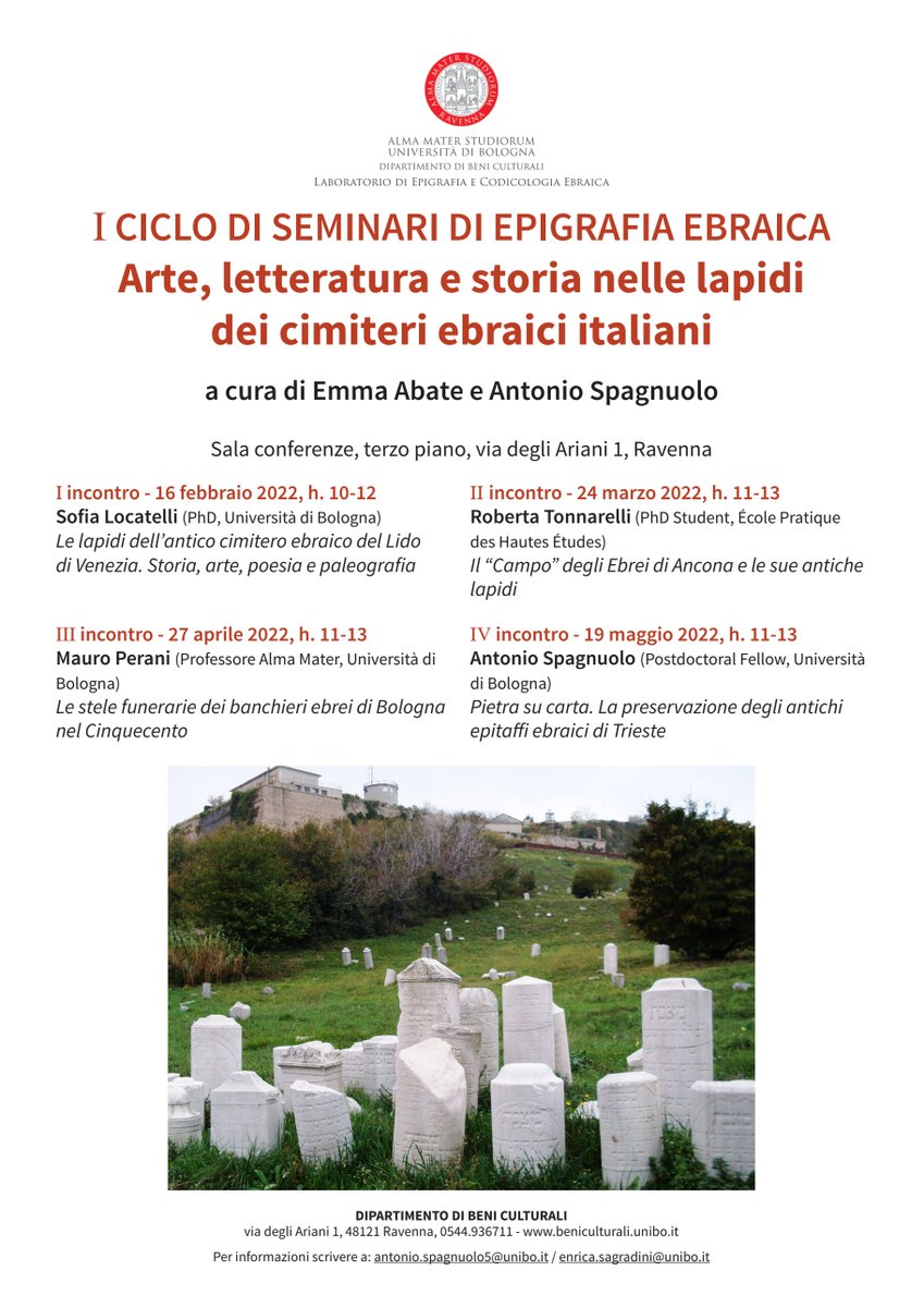 perurealfonso's tweet photo. Roberta Tonnarelli (#SAPRAT, @EPHE_PSL, PhD candidate) 24th March 11-13 CET on #epigraphy and tombstones from Ancona's Jewish cemetery, hybrid event in Bologna and on Teams via @unibo https://t.co/Ltf13gVfYo https://t.co/LTvLVRtTrB