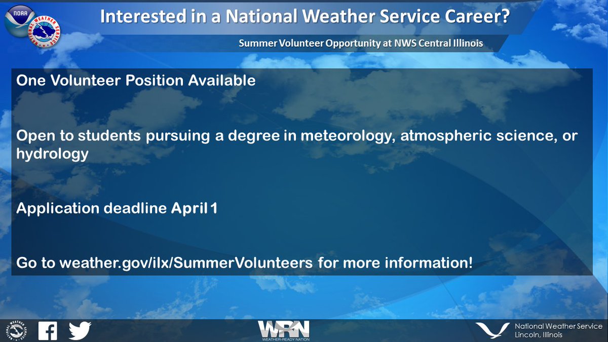 NWSLincolnIL's tweet photo. Are you or someone you know interested in a career with the National Weather Service? Our office is looking for one student volunteer this summer, and the deadline to apply is April 1st! For more information visit: https://t.co/p8tiRgtP6Q #ILwx https://t.co/bhESYJPZJl