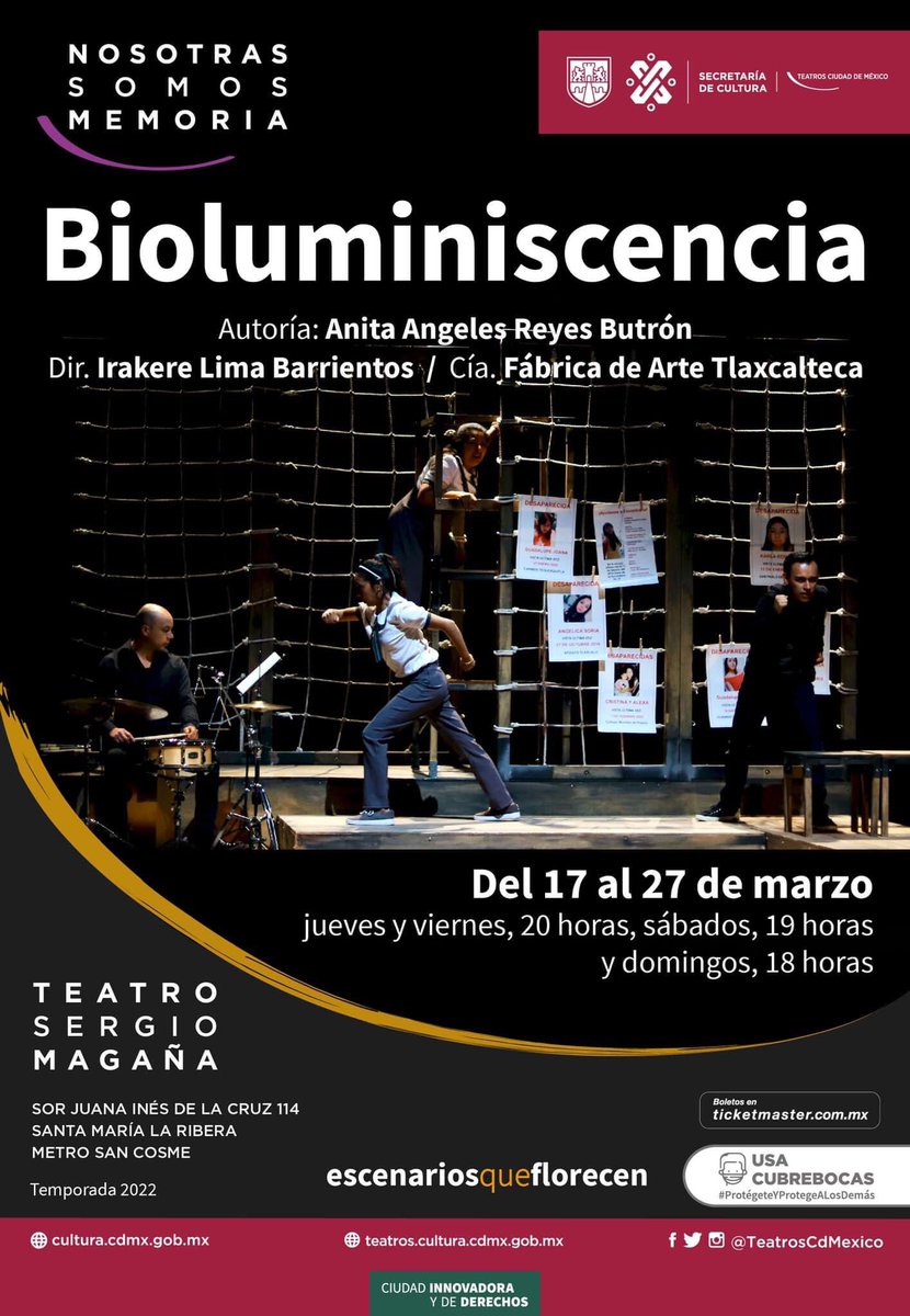 soy_loyolus's tweet photo. Últimas funciones de Bioluminiscencia, en el Teatro Sergio Magaña, una obra de Anita Ángeles Reyes Buitrón con Griselda Muñoz Muñoz, Sagrario Bahena Zempoalteca y Alfonso Lucio Delgado, bajo la dirección de @IrakereLima. Producción de Fábrica de Arte Tlaxcalteca. https://t.co/n2Z6NwRKyZ
