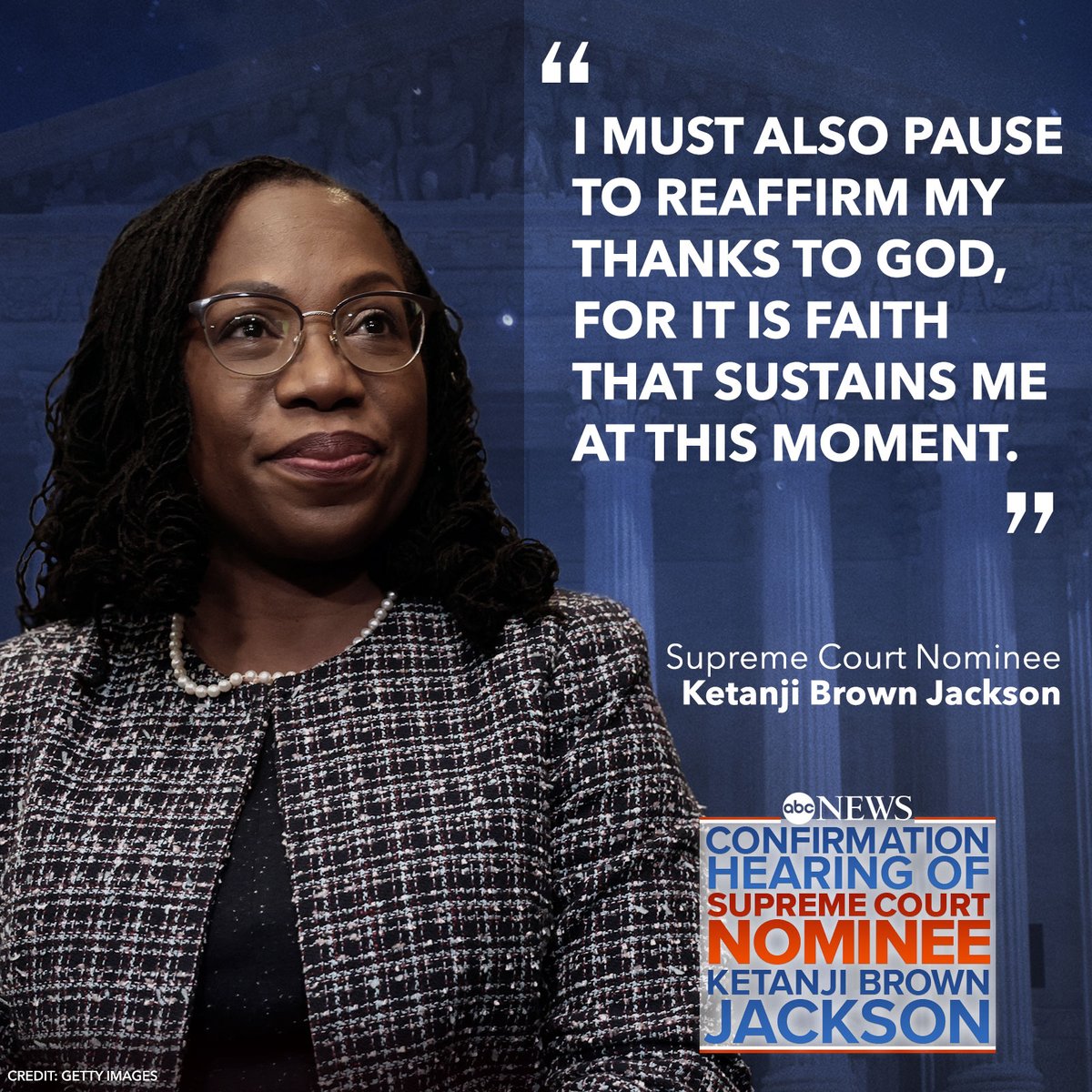 ABCPolitics's tweet photo. “I must also pause to reaffirm my thanks to God, for it is faith that sustains me at this moment,” Judge Ketanji Brown Jackson says during her opening remarks. https://t.co/eyqQJ7H94b https://t.co/AyIgofgQk1