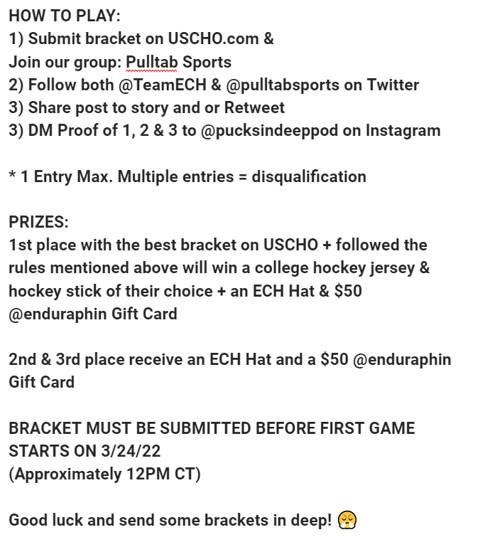 TeamECH's tweet photo. 🚨ECH BRACKET CHALLENGE IS HERE!🚨

Presented by @pulltabsports

Follow the rules listed below for a chance to win a FREE Jersey and Hockey Stick of your choice! #ECH 

@USCHO Bracket Link: https://t.co/PUtXqh2lnz https://t.co/CPeDGxVkb4