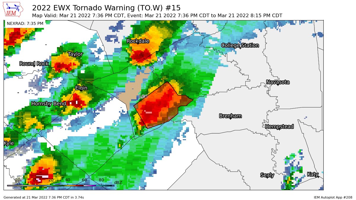 TxStormChasers's tweet image. EWX issues Tornado Warning [tornado: RADAR INDICATED, hail: 1.00 IN] for Lee [TX] till 8:15 PM CDT mesonet.agron.iastate.edu/vtec/f/2022-O-…