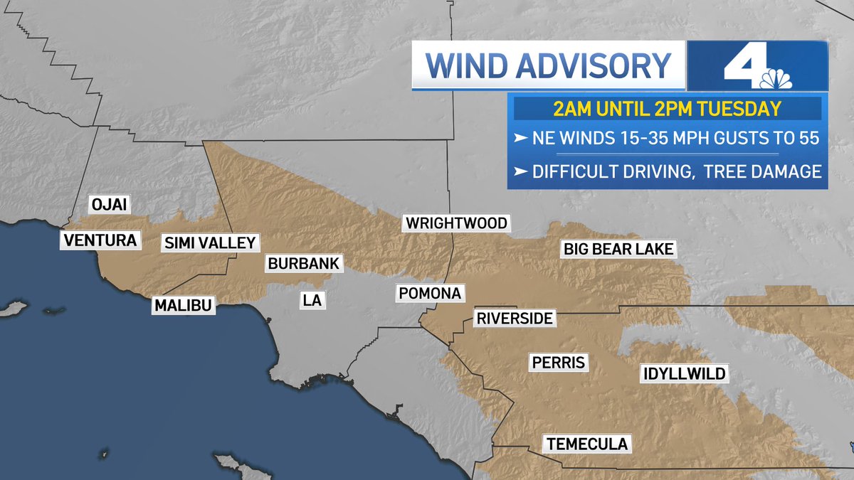 Melissa_Magee's tweet photo. WINDS ARE BACK! Wind Advisory kicks in overnight & lasts through Tuesday at 2pm. Northeast winds could gusts up to 55mph, but will also help to usher in warmer air! @NBCLA #NBCLA #WindAdvisory #WarmWind https://t.co/Wz9fwfMD0M