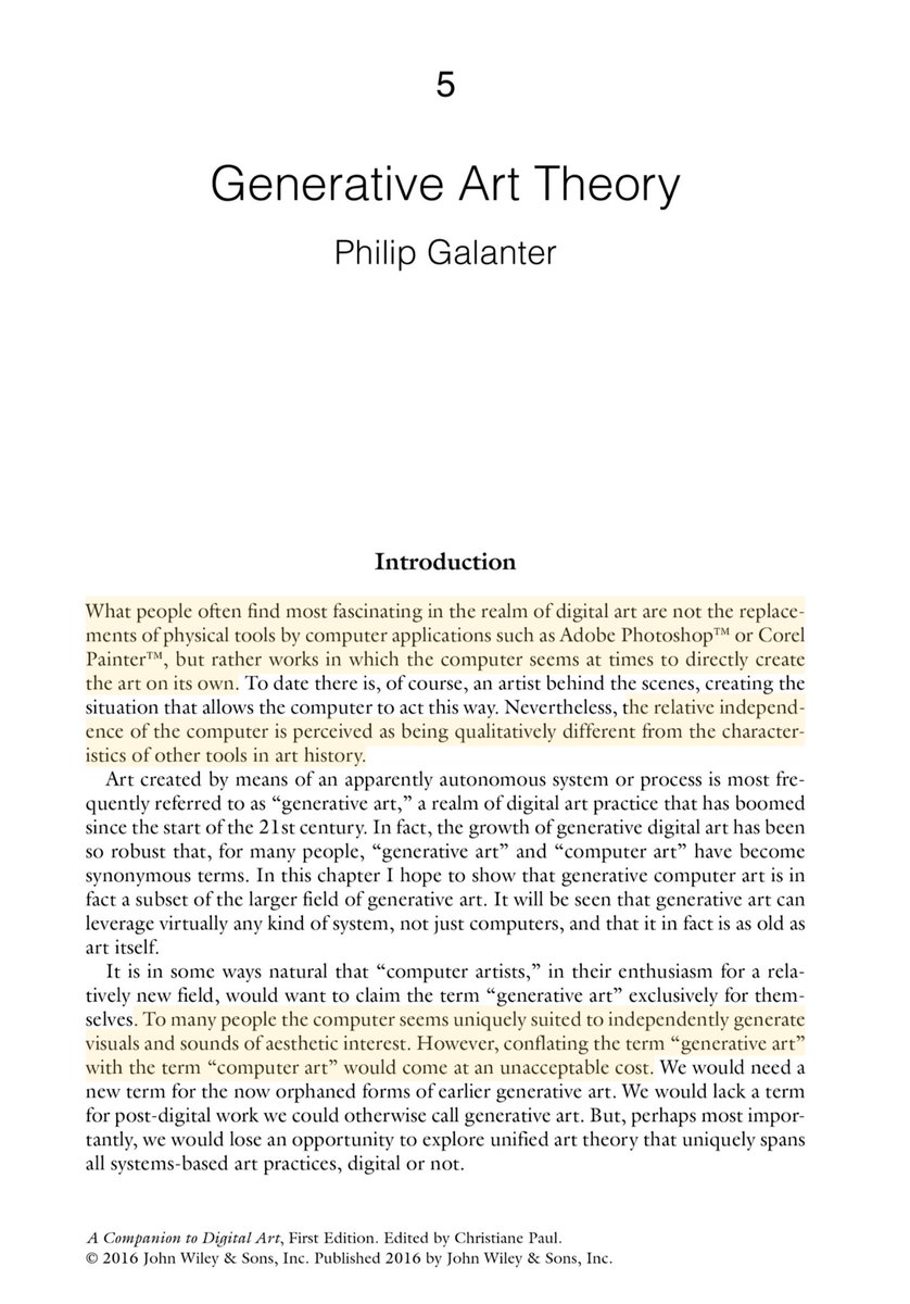 sofiagarcia_io's tweet photo. To all my fellow generative art fans out there:

Do yourself a favor and buy ‘A Companion to Digital Art’ for this chapter alone. 

(Not to be confused with Galanter’s paper [2003] on the subject) https://t.co/YBBuyWeVDP