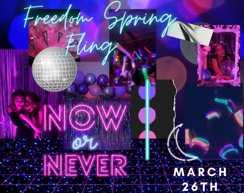 Attention all Freedom Students! Get your tickets for The Spring Fling on Saturday March 26 💃🕺 tickets sold tomorrow at all lunches! 10$ a pop bring all your friends! Let’s pack the gym!!