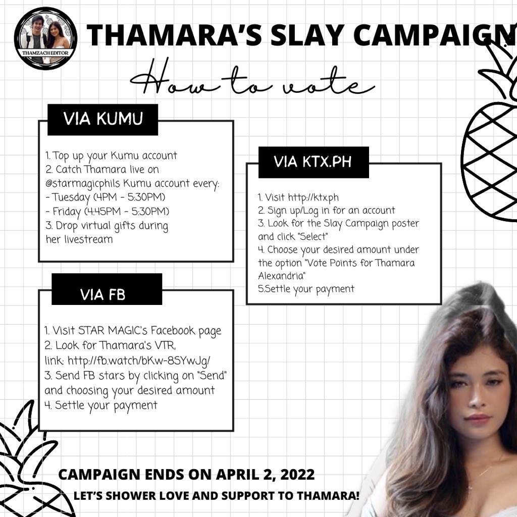 thamzacheditor's tweet photo. Good Morning, Pamilya Pinya! 

Thamara’s Slay Campaign on all social media platforms is still on going. Here’s the instructions on how to vote for her. 

—the campaign will end on April 2 so cast your votes now!

RETWEET TO SPREAD. Thank you! 

@thamaraalxndria #ThamaraAlexandria https://t.co/D2pyZar2Tj