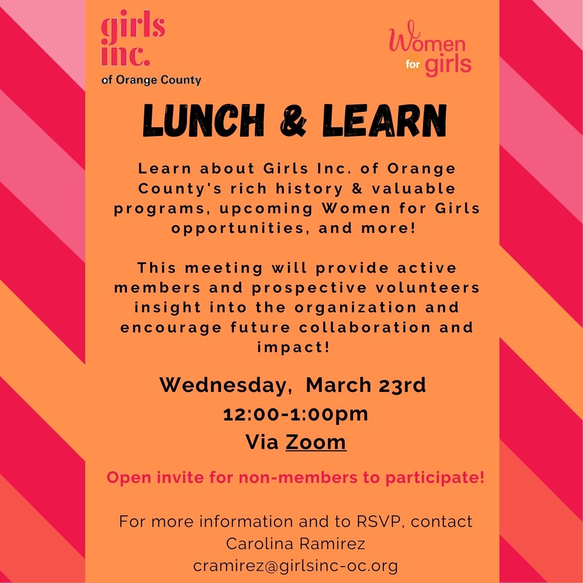 Interested in becoming a Girls Inc. of Orange County volunteer? Join us Wednesday March 23rd via Zoom from 12-1pm to get to know more about what we do, the girls we serve, and how YOU can make a difference.