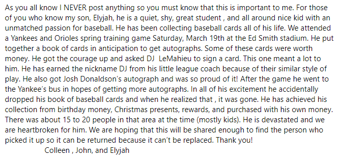 CynthiaSMU's tweet photo. A MOTHER'S PLEA: This sweet little boy collects signed baseball cards. He lost it at Sarasota's Ed Smith Stadium on Saturday. Please share and help this angel get his collection back! https://t.co/9SLCB9BSZm