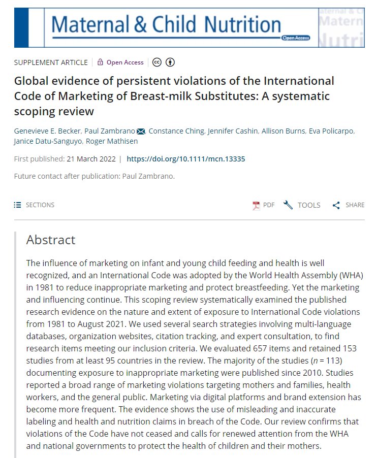 Important new paper!! 🔥 Finds violations of International Code of Marketing of Breast-milk Substitutes continue, and have extended into digital, brand extension & product labelling strategies. Highly relevant to @WHO World Health Assembly 2022 #EndExploitativeMarketing #WHA22