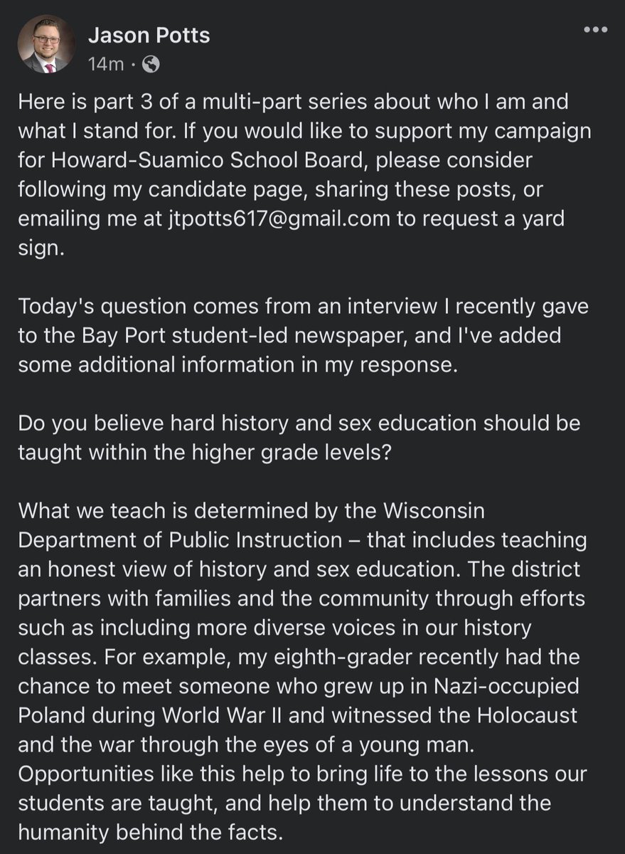 JPottsHSSD's tweet photo. Some thoughts about who I am and what I stand for as a candidate for the Howard-Suamico school board… https://t.co/BZygL13sc9