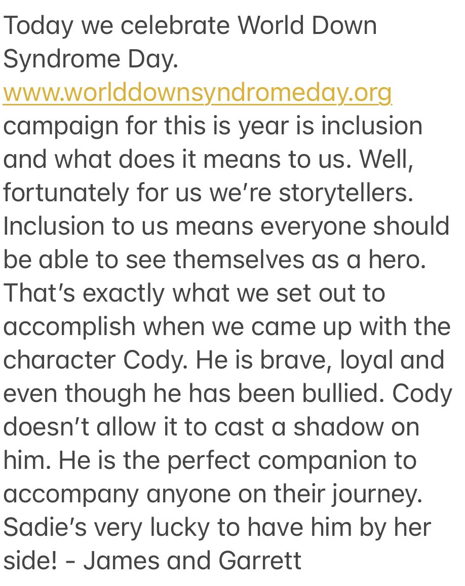 JamesandGarrett's tweet photo. Today is #WorldDownSyndromeDay. The campaign for 2022 is #inclusion and what it means. We think it means everyone should feel like a hero. Thus why we created the character Cody for our comicbook! https://t.co/9iCUig3IBz