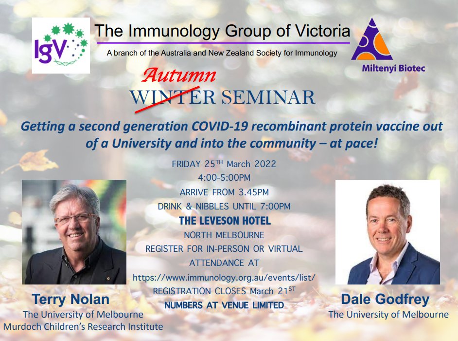 📢 THIS FRIDAY join us for our Autumn Seminar at the Leveson Hotel, featuring Terry Nolan and @ProfDaleGodfrey. Limited in-person seats are available, register today for an evening of food, drinks and science!🔬🍺

Register here👇🏼
immunology.org.au/events/2022-Ig…