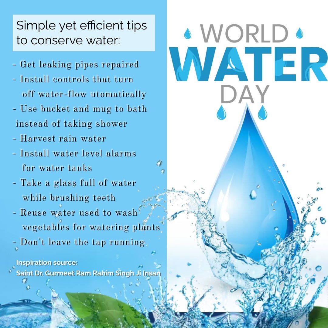 LifeLessonbyMSG's tweet photo. The #WorldWaterDay makes us realize importance of water. Without water, we can't even imagine life. We should never waste and pollute water so that everyone has access to clean and enough water. Saint Gurmeet Ram Rahim Ji suggests tips to save water that are very beneficial. https://t.co/Q31GQfjgH3
