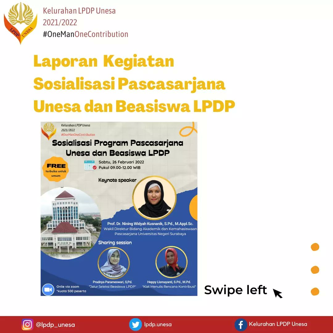 lpdp_unesa's tweet photo. Laporan kegiatan sosialisasi program pascasarjana Unesa dan beasiswa LPDP. 

Semoga dapat memberikan manfaat untuk rekan-rekan dan terima kasih atas partisipasinya.

#DiriUntukNegeri 
#LPDPUnesa
#OneManOneContribution https://t.co/ShHfdJ5rdV