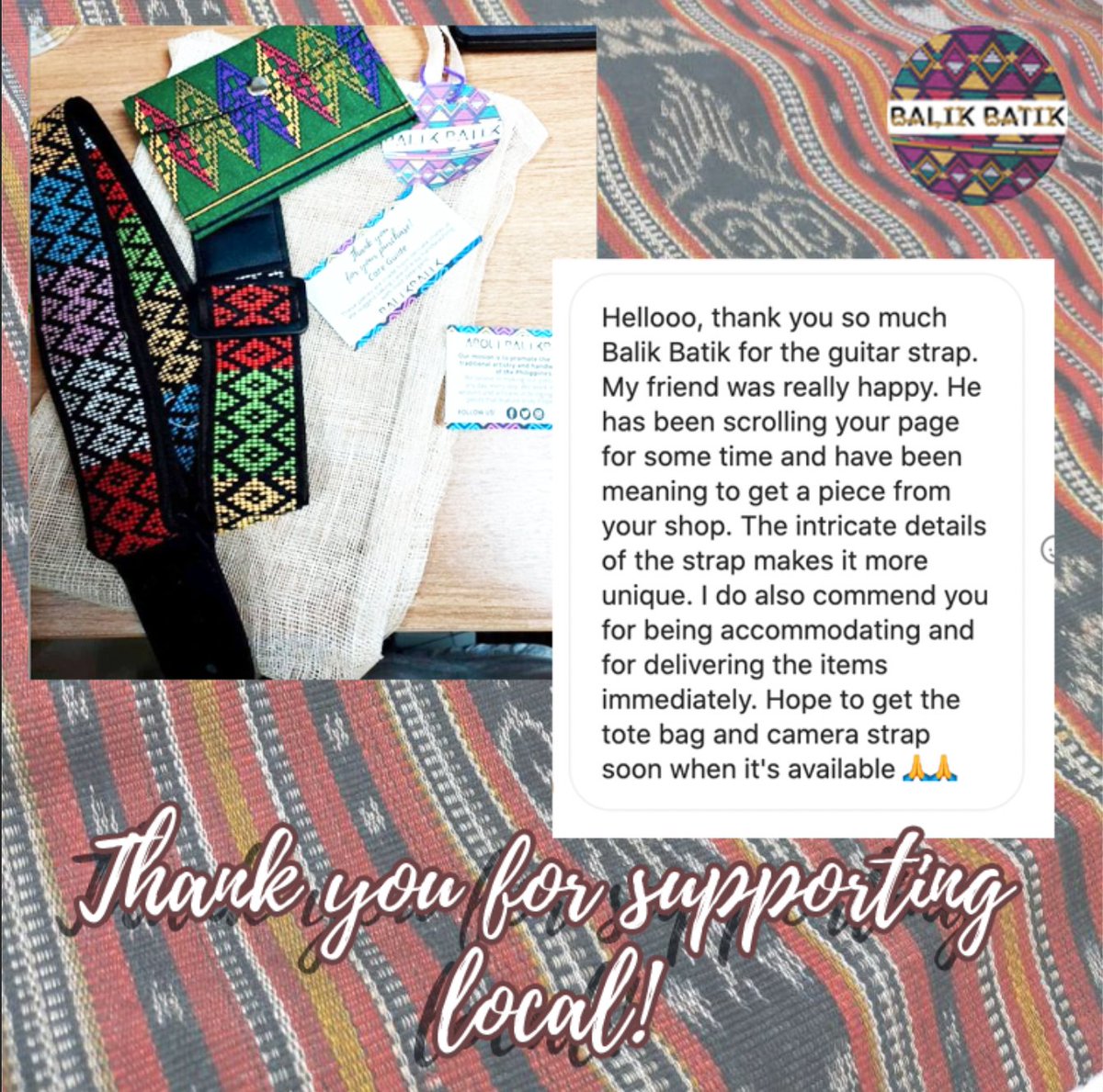 balikbatik's tweet photo. Feedback on our guitar straps 💜💜💜
Thank you for supporting local! Our indigenous weavers are truly very intricately made, which makes for unique designs that are proudly Filipino.
#LoveLocalPH #BalikBatik https://t.co/7ZUhig3VCd