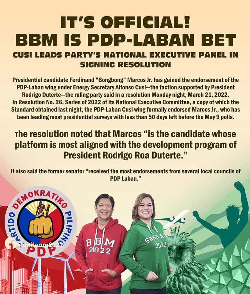 Sabay sabay n natin ihatid s Malacañang ang ating Presidente BBM at VP Inday Sara! Mahalin natin ang Pilipinas.✌️♥️🇵🇭👊💚 #UniteamBBMSARA #BBMSARA2022 #BBMForPresident