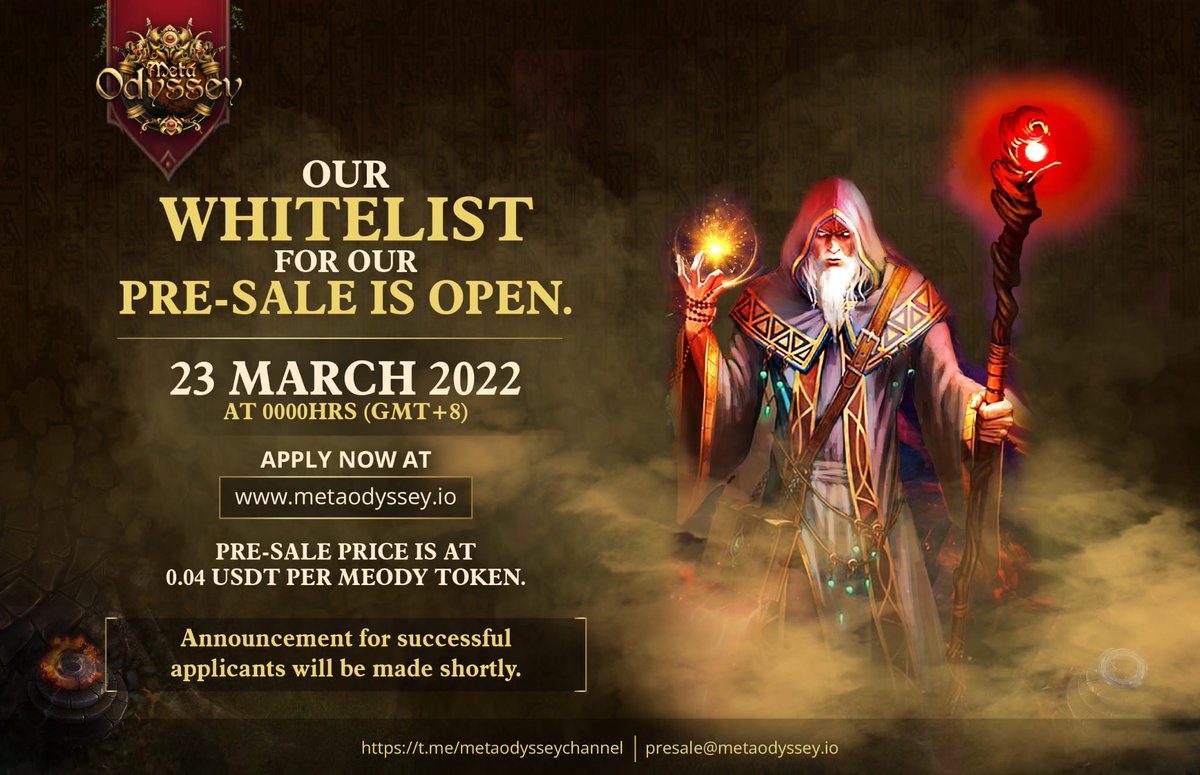 MetaOdysseyio's tweet photo. Don’t miss out on your opportunity to get whitelisted for the upcoming Pre-Sale of MEODY!! 🔥

We are having our Pre-Sale on 23rd March 2022 GMT+8 🔥

Visit our website to register: https://t.co/DEHE7u5vpP

Only 40 Million tokens will be distributed during the pre-sale! https://t.co/8P9NJOo1vH