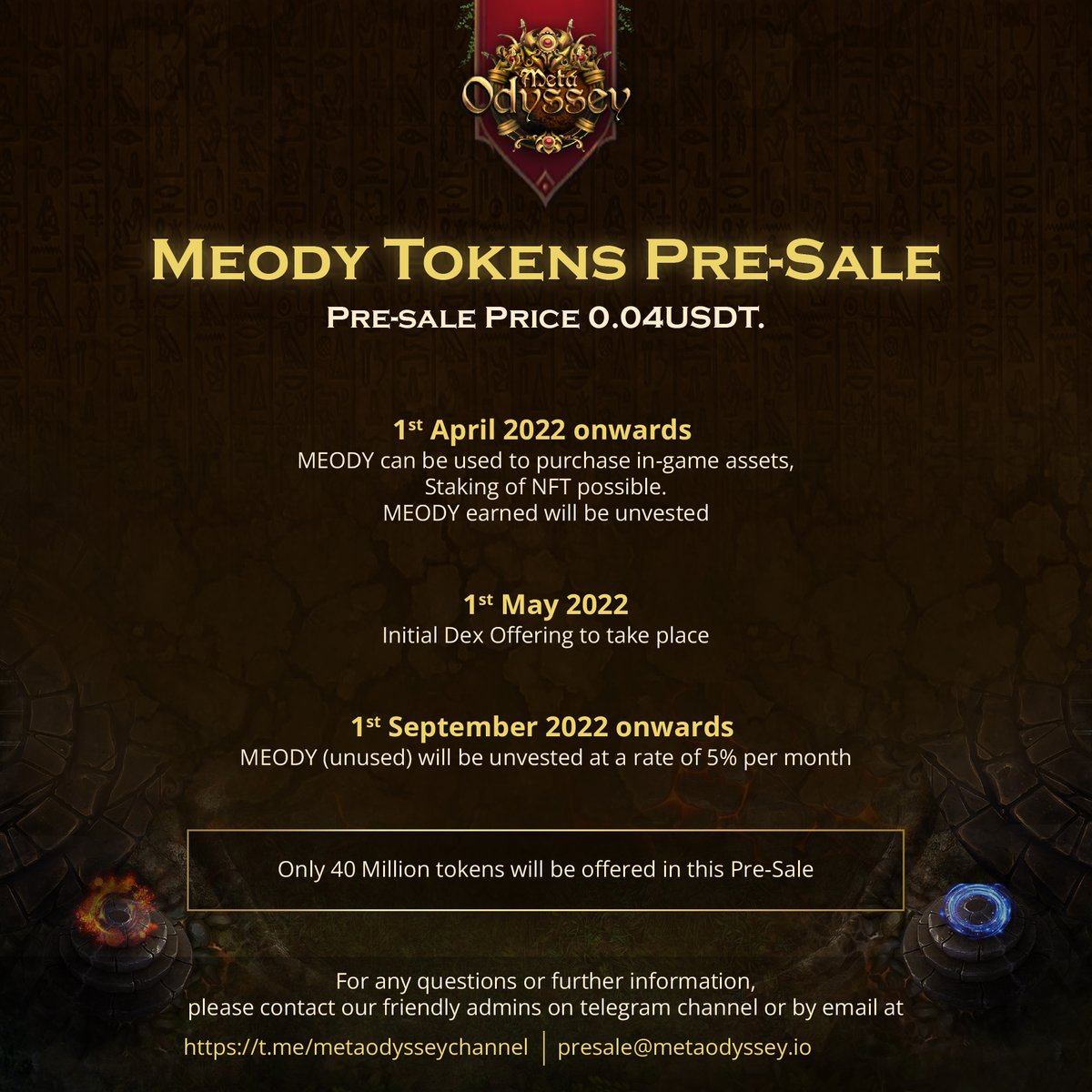 MetaOdysseyio's tweet photo. Don’t miss out on your opportunity to get whitelisted for the upcoming Pre-Sale of MEODY!! 🔥

We are having our Pre-Sale on 23rd March 2022 GMT+8 🔥

Visit our website to register: https://t.co/DEHE7u5vpP

Only 40 Million tokens will be distributed during the pre-sale! https://t.co/8P9NJOo1vH