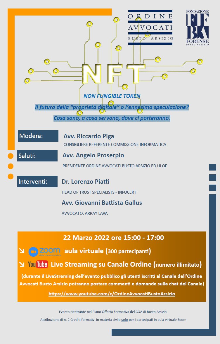 #NFT: il Il futuro della “proprietà digitale” o l’ennesima speculazione?

Cosa sono, a cosa servono, dove ci porteranno.

Lorenzo Piatti io ci confronteremo su questo tema attuale e stimolante, grazie all'invito di Riccardo Piga.

Vi aspettiamo! youtu.be/8HpPQ8pURh4