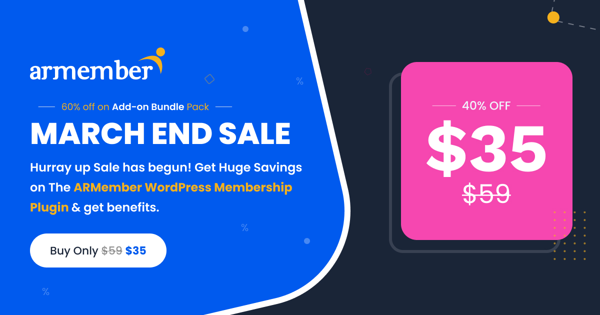 Great News!🙌 March Sale 2022 is Live🔥🔥🔥

Get a FLAT 40% OFF discount on ARMember WordPress Membership Plugin. Hurry Up! Grab this fabulous deal today!💥  

Buy Now: armemberplugin.com 

#marchsale #marchendsale