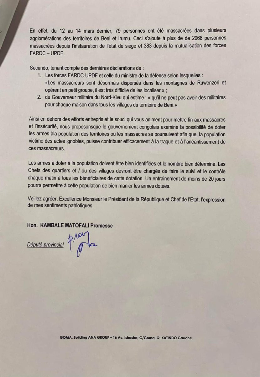 MartialMukeba's tweet photo. 🛑 Le député provincial Kambale #Matofali élu de #Butembo propose au chef de l'État🇨🇩 de doter les armes aux populations de Beni , Irumu , Djugu et Mambasa pour faire face aux tueries des civils dans ces territoires des provinces du #NordKivu et #Ituri sous État de siège https://t.co/9p5j5ByyGZ