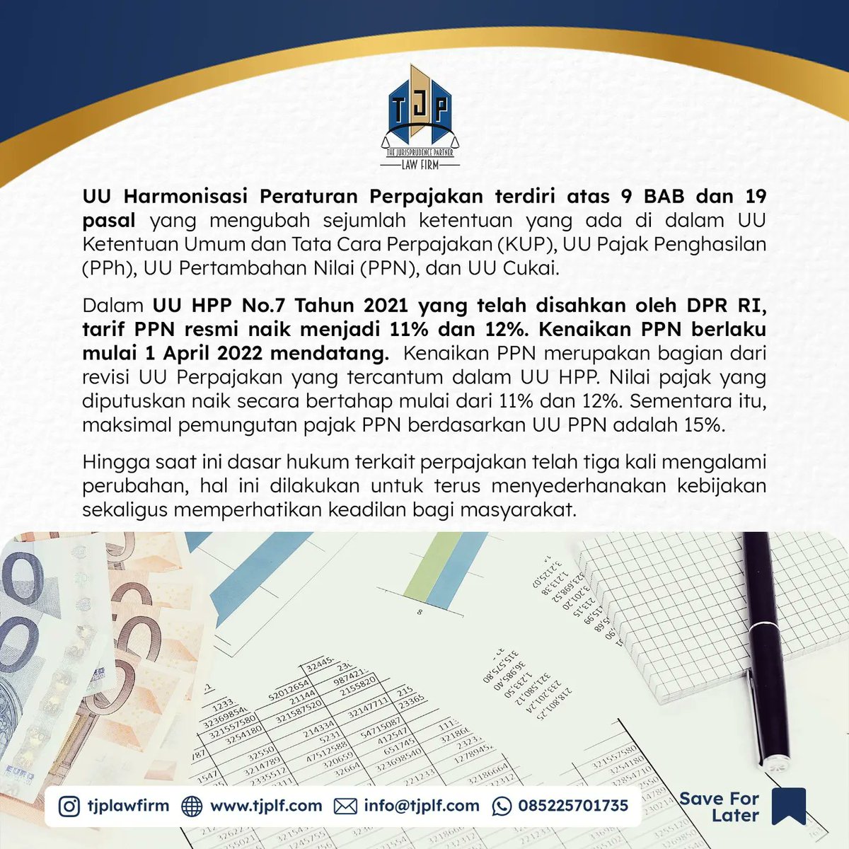 TJPLawFirm's tweet photo. Pemerintah dan DPR telah menyepakati kenaikan tarif Pajak Pertambahan Nilai (PPN) menjadi 11 persen pada April mendatang. Simak penjelasan berikut. 
 
#advokat #lawyer #pengacara #pajak #ppn https://t.co/aOhQQRuf3v