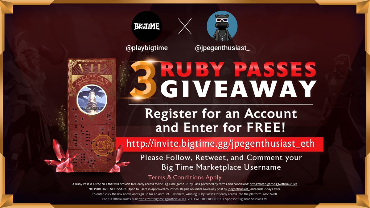 jpegenthusiast_'s tweet image. 🎊@jpegenthusiast_ x @playbigtime Giveaway🎊

🎉 Win 3 Ruby Passes! 🎉

No purchase necessary.

Follow 🗣
Retweet 🔁
Signup for Big Time Marketplace and comment your username below! 👇

invite.bigtime.gg/jpegenthusiast…