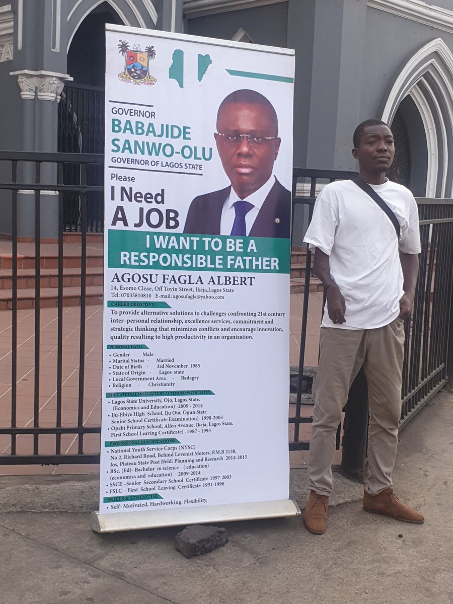 TheMorenikeji's tweet photo. Saw this guy infront of CMS Cathedral this morning.

I'm guessing this was a last resort as he badly needs a job. If there is anyone our there who can help him get a job pls reach out to him.

Closed mouth don't get fed and asking is the first step in finding better. 

Please RT. https://t.co/eo8qWW7MRj