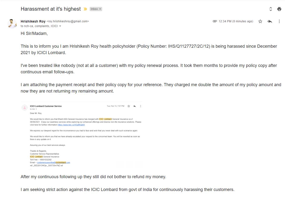 hrishikeshroy3's tweet photo. Why @ICICILombard you takeover @bhartiaxalife I was way happy with them? Your company is a serial harasser and arrogant. It's my second take out to Twitter with your service complaint and finally wrote to @jagograhakjago and @irdai #dontbuyicicilombard https://t.co/tbTQ8whHkH