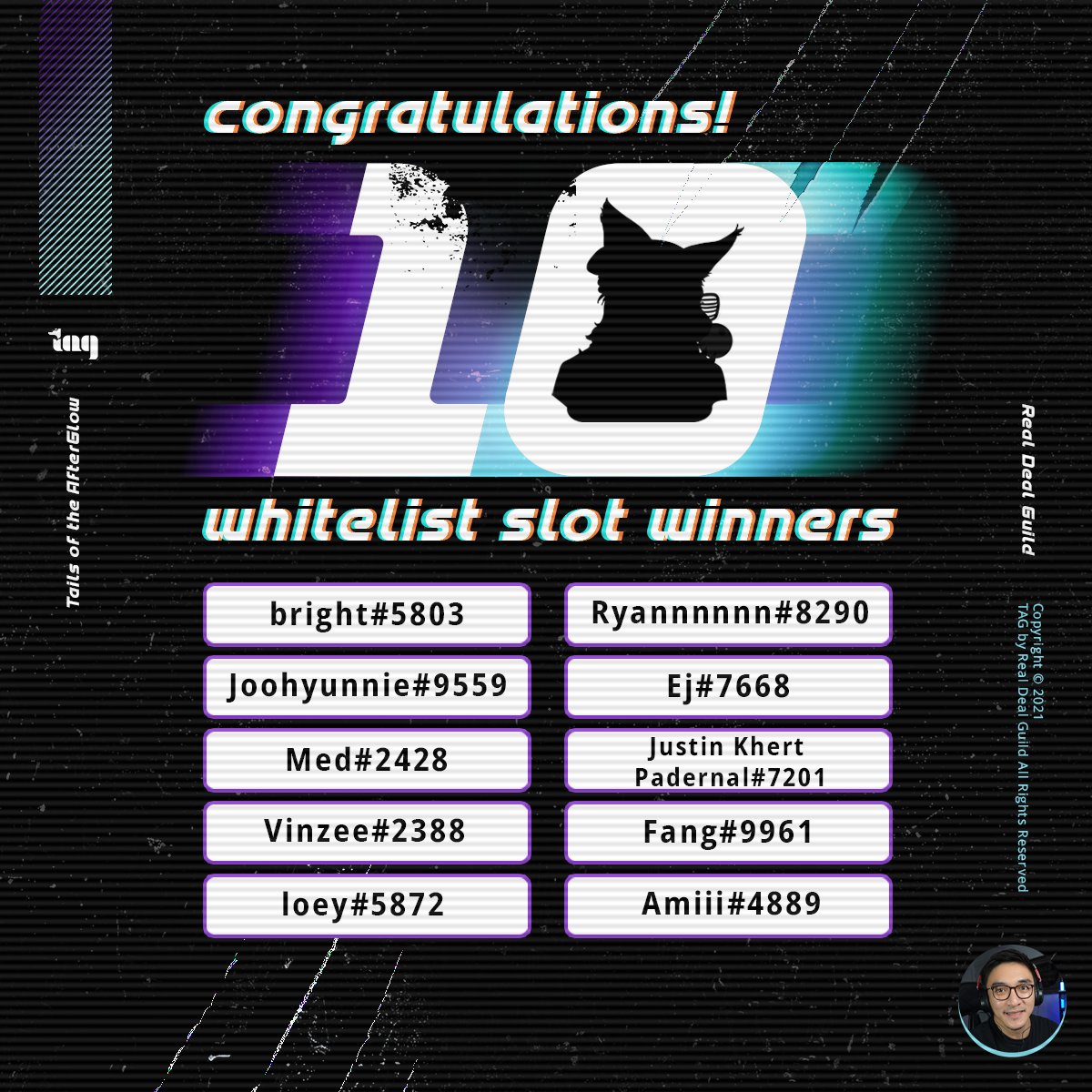 tailsafterglow's tweet photo. TAG is proud to congratulate the Winners of DRAXX’s 10 Whitelist Slots Giveaway! Huge thanks to everyone who participated in this giveaway. We appreciate your support! 🦊✨

Want more? Stay tuned and see you at our next giveaway event! 🚀

#TAGLife #TAGWL #TAGOnFire https://t.co/4mXVJbOSqS