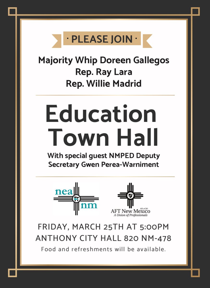 Educators Please join <a href="/RepDGallegos/">Doreen Gallegos</a> Raymundo "Ray" Lara and Willie D. Madrid for a recap of the recent 2022 Legislative Session focusing on educational issues.  <a href="/NMPED/">New Mexico Public Education Department</a> @gwenpw will join us.