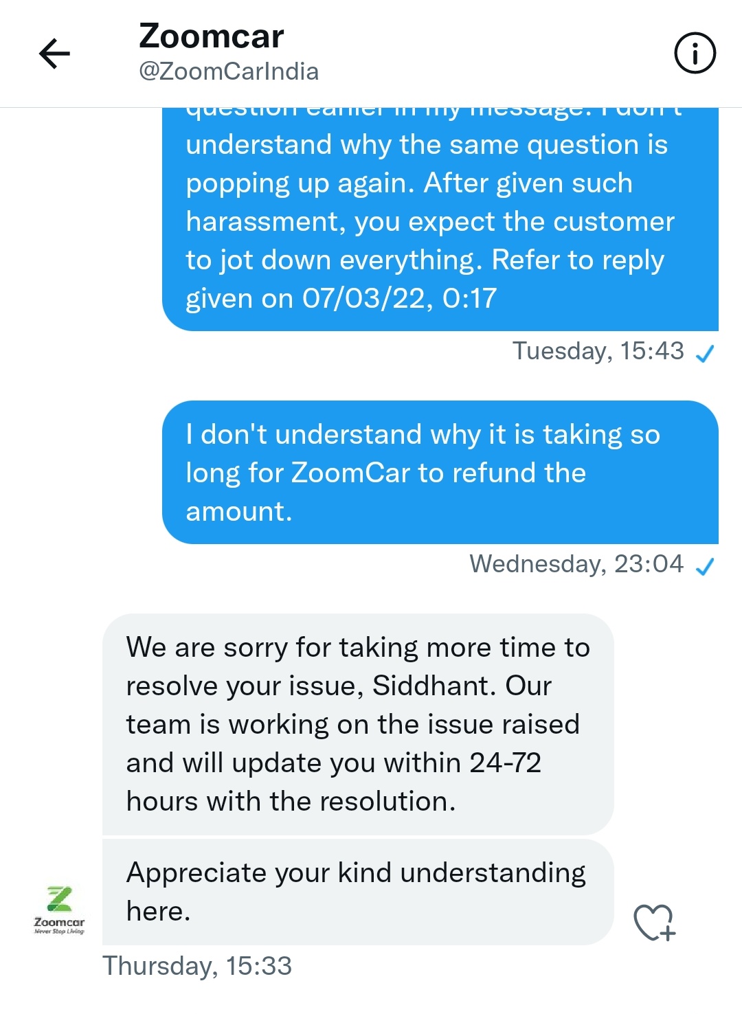 Zoomcar on Twitter "Anirudd64872038 We are sorry for the delay in