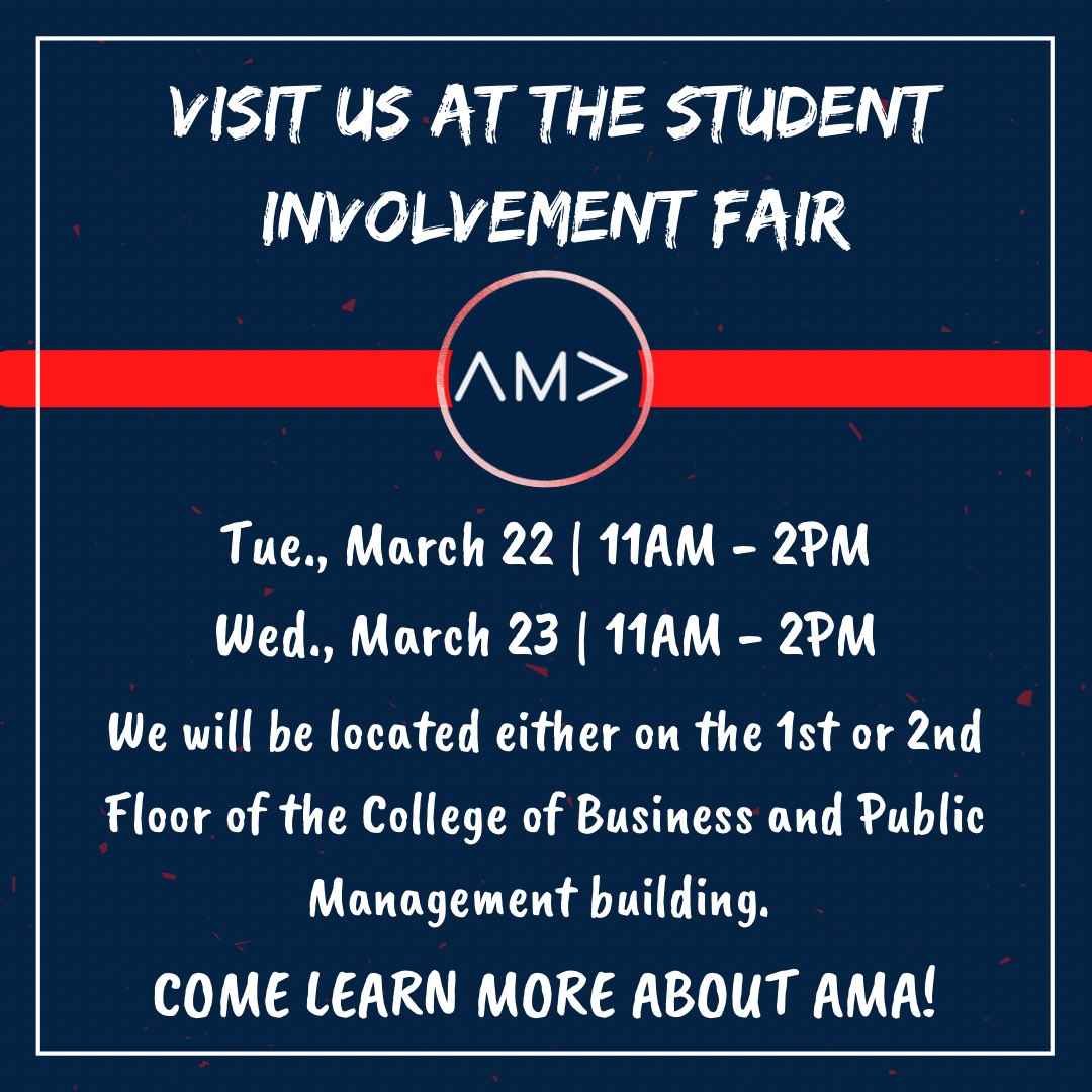wcu_ama's tweet photo. Tomorrow and Wednesday we will be at the @wcucbpm Student Involvement Fair from 11 AM - 2 PM! Come say hi and learn more about how you can get involved with AMA 😎 https://t.co/D4JCQAfdBQ