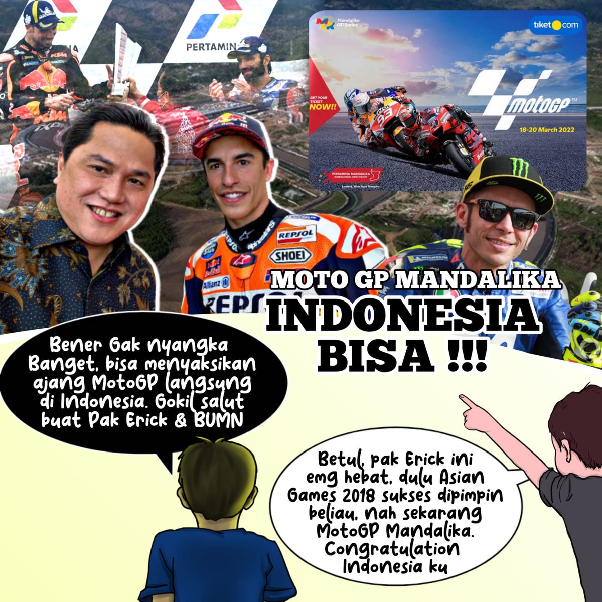 1Misnah's tweet photo. Tidak ada yang tidak mungkin. Itulah bahasa yang bisa di berikan oleh publik atas Gp Mandalika. Kerja keras yang sudah dilakukan oleh Kementerian BUMN menuai apresiasi baik dari pembalap dan CEO Dorna. 
@erickthohir 

Selamat Pak Erick

#ETMotoGP https://t.co/2ttNrlUL0u