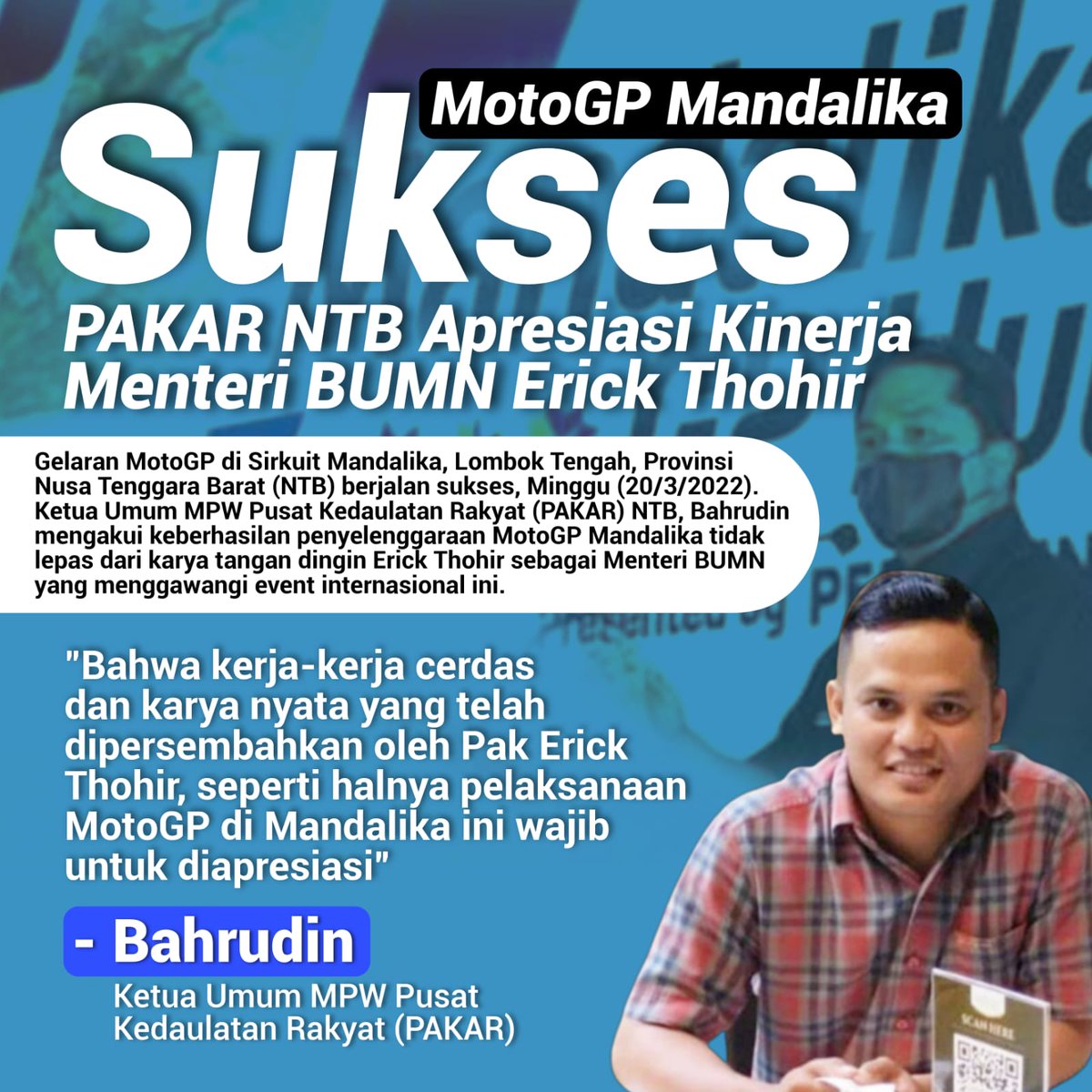1Misnah's tweet photo. Baik pakar NTB (Nusa Tenggara Barat) dan Publik melihat Gp Mandalika menunjukan bahwa Indonesia mampu untuk menggelar GP dan publik Apresiasi atas apa apa yang sudah di gagas oleh @erickthohir, 

Selamat Pak Erick

#ETMotoGP https://t.co/AIdzTSdjEj