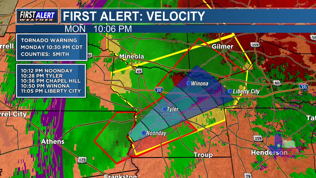 AndrewTateKLTV's tweet photo. 10:05PM - A Tornado WARNING has been issued for Tyler/Smith County until 10:30PM. There are two warnings in effect for Smith County at this time. https://t.co/kG9Pm0zquP