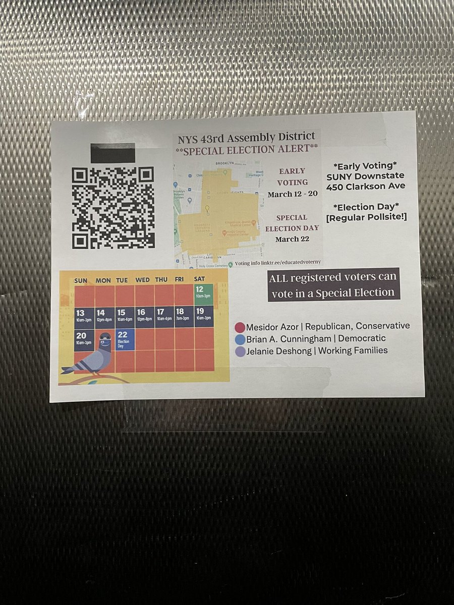 tralala_bk's tweet photo. Things you can do as a #CountyCommittee member: inform your neighbors about Special Elections! I hung these around my ED. Most people have no idea the #43rdAD is voting right now. @RepYourBlock’ers are reminding people while they’re out petitioning. Participation over proxies. https://t.co/nNvSVDoBb4