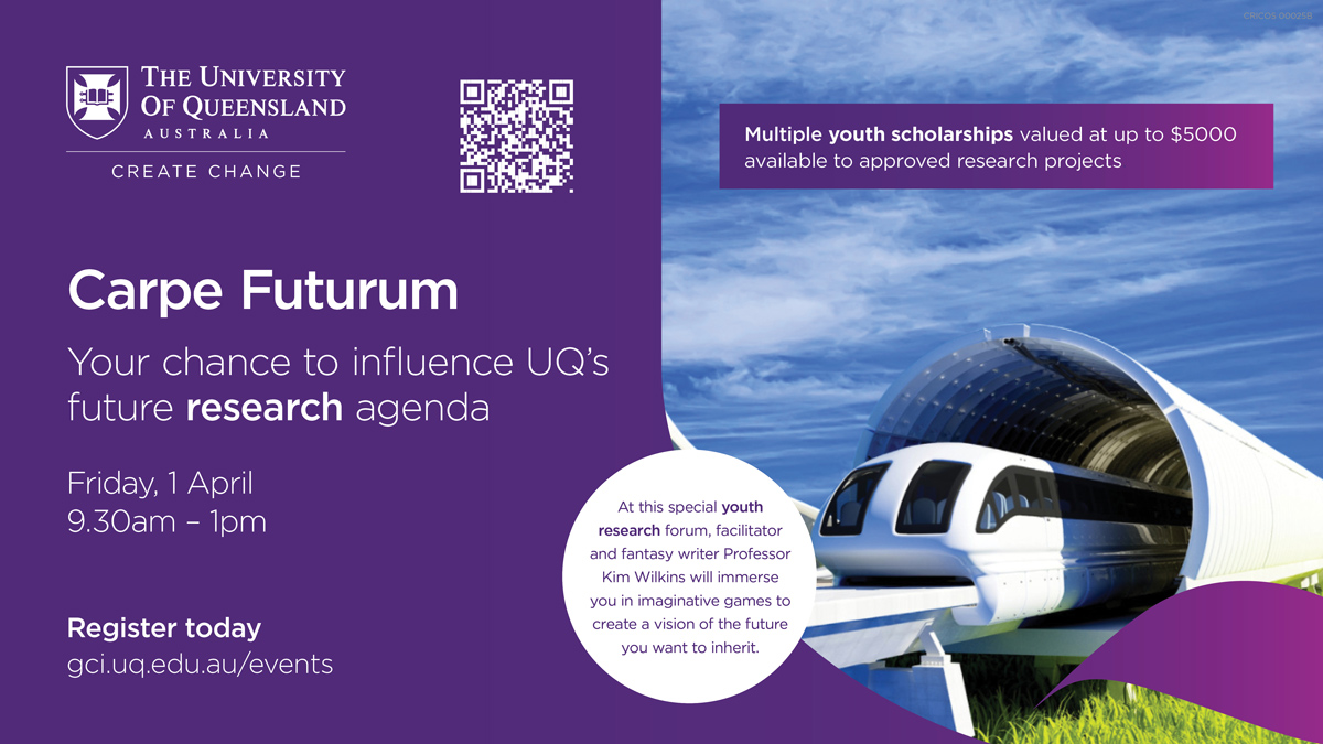 We're hosting a youth research forum :-) Facilitator Prof. Kim Wilkins will immerse participants in imaginative games to create a collective vision of the future. Participants eligible to apply for research scholarships valued at up to $5000 each. tinyurl.com/2ktrka6n