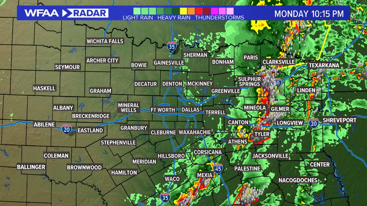 wfaaweather's tweet photo. I have been waiting ALL day to say this. There are no more severe thunderstorm warnings and no more tornado warnings in North Texas! #wfaaweather https://t.co/IQ0NiUmyQr