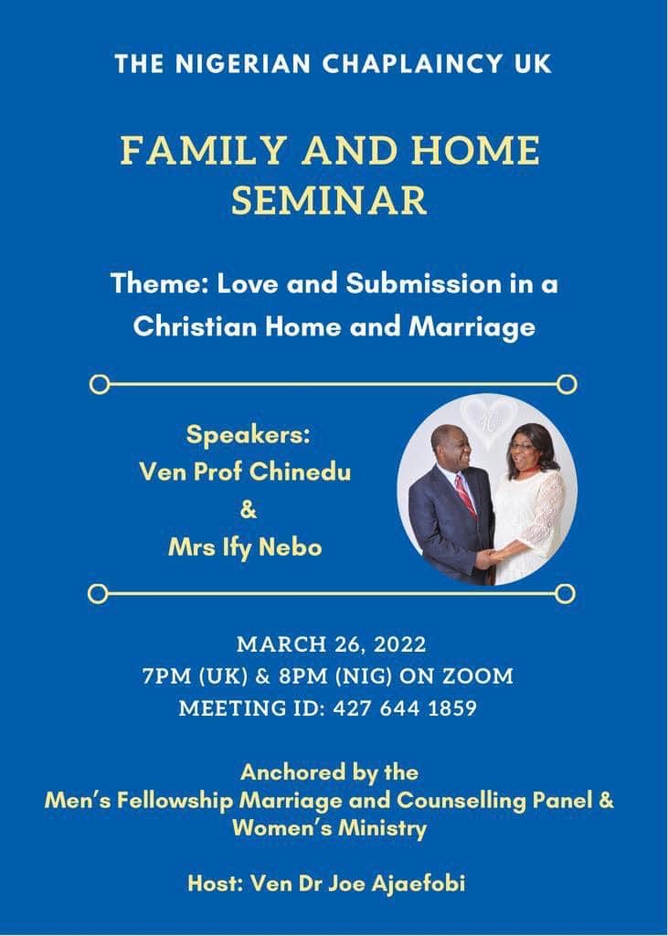 AjaefobiJoe's tweet photo. Special family and home seminar with Venerable Prof Nebo and Mrs Ify Nebo. Please join us on Zoom https://t.co/uNOYwrsWGv