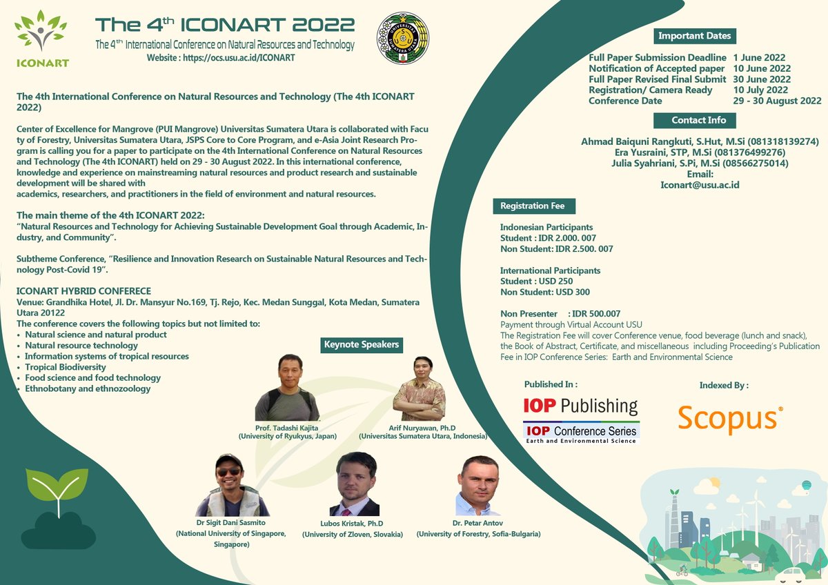 chike_solo's tweet photo. The 4th International Conference on Natural Resources and Technology (The 4th ICONART 2022)

Hybrid Conference

📅 | 29 - 30 August 2022
🌐 | https://t.co/1jdm65pLEd

#ScopusConference
#IOPPublishing https://t.co/c8KM4WR893