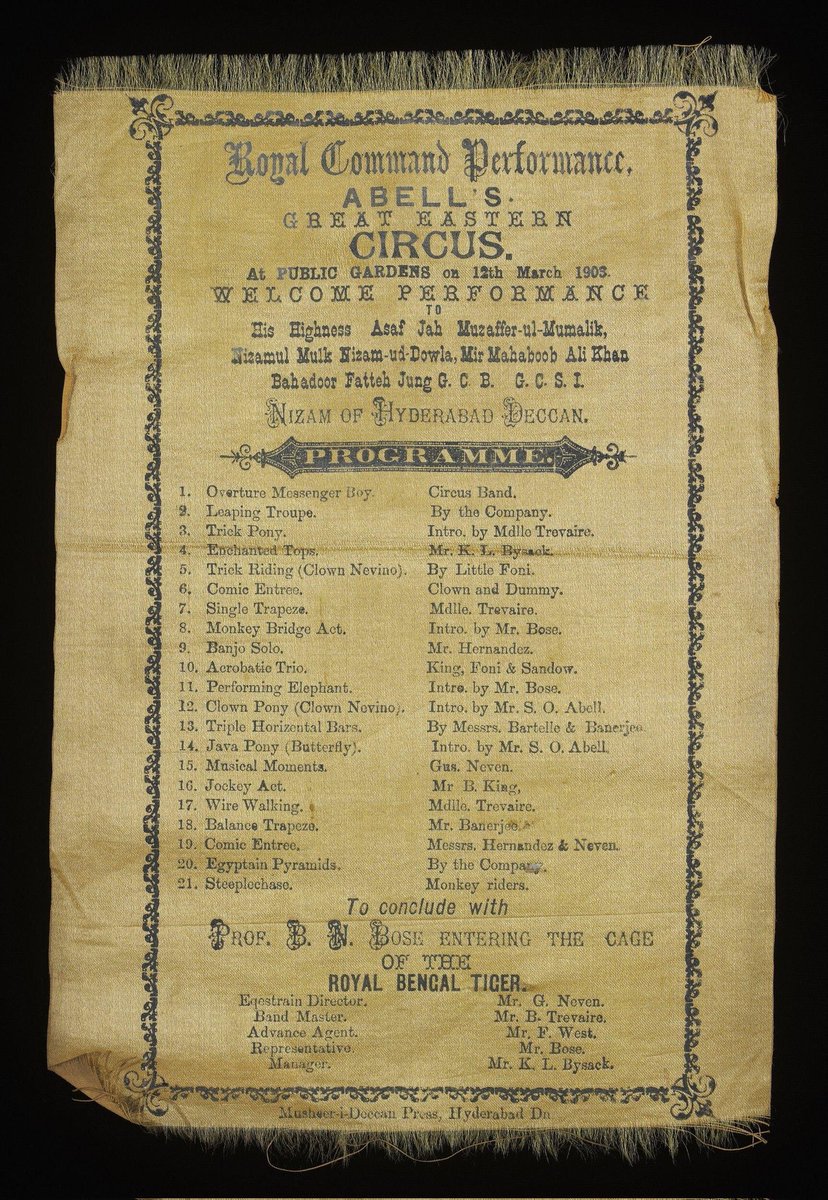 'Abell's Circus' welcome performance on silk cloth to 6th Nizam,H.H.Mir Mahbub Ali Khan Bahadur. Dated:12th March 1903. Venue:Public Garden #Hyderabad Picture credits:From collection of #VictoriaAndAlbertMuseum #England. @HiHyderabad @swachhhyd @AyeshaSultana95 @DalrympleWill
