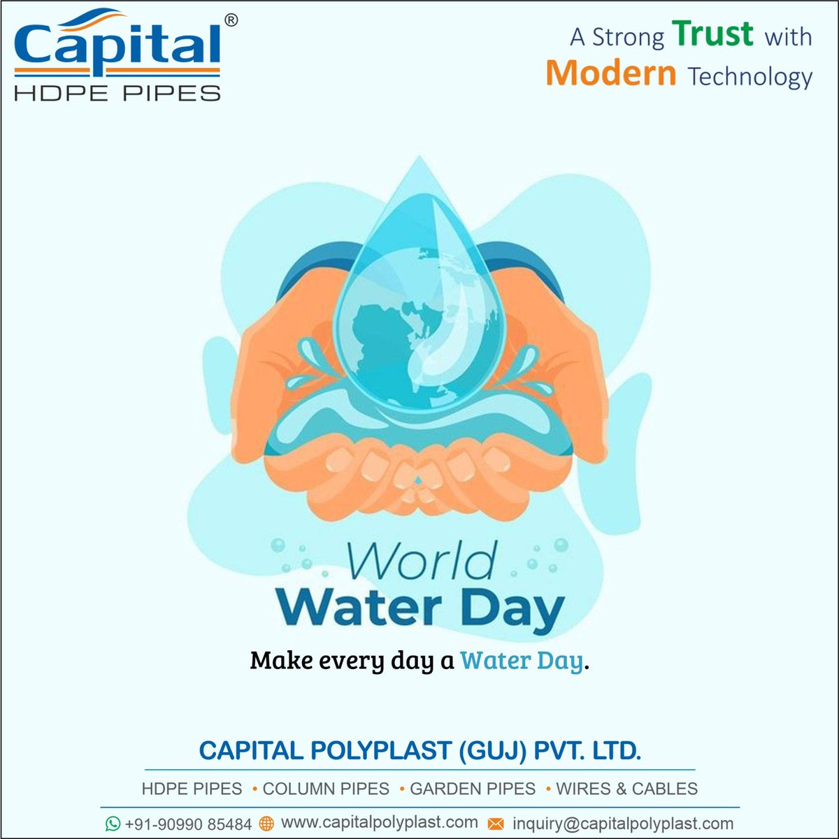 GujCapital's tweet photo. CAPITAL POLYPLAST (GUJ) PVT. LTD.

"World Water Day"

#capitalpolyplast #hdpepipe #roundpipe #blackpipe
#borewellpipe #undergroundpipe #gardenpipe #flexiblegardenpipe #colourvirginpipe #universalgardenpipe #heavydutygardenpipe #submersibleflatcable #servicecable #twinflatcable https://t.co/8hOIObXTc5