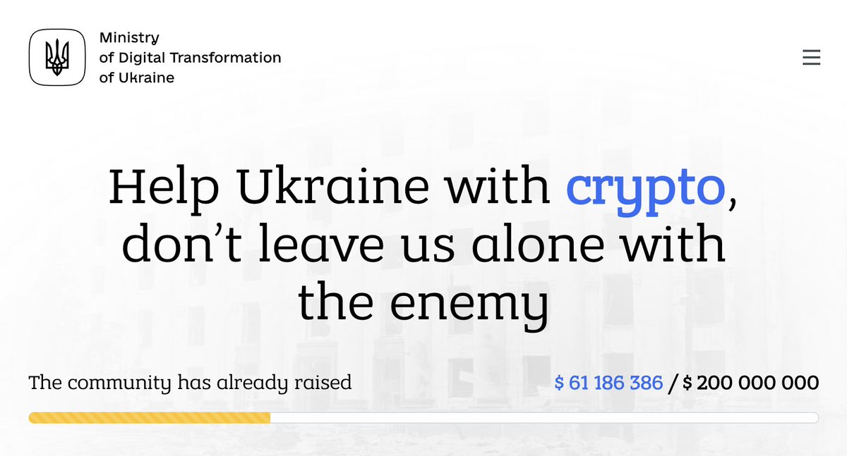 gladstein's tweet photo. More than $100M (!) now crowdfunded by the Ukrainian government for its defense effort via BTC, USDT, and other cryptocurrencies. $61M via main portal alone.

Digital Ministry says more than $100M has already been spent on bulletproof vests, food, medicine, helmets, and optics 🇺🇦 https://t.co/G1vsXrgsEd