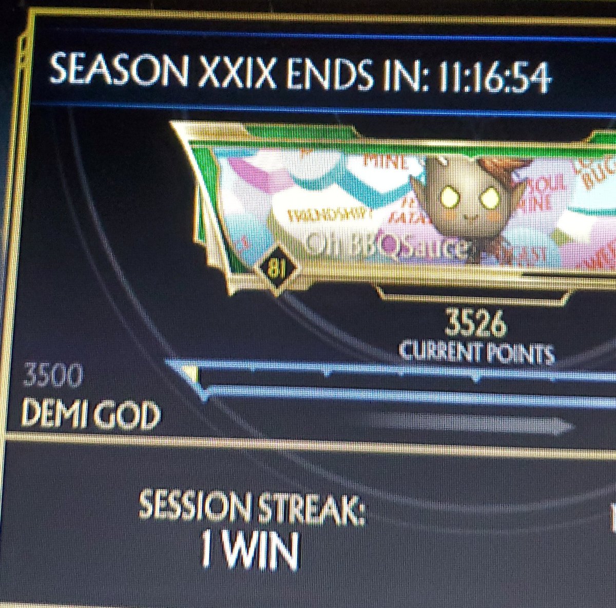 OhTheSauce's tweet photo. Ik it's not impressive or anything, but it's been a minute since I was actually TRYING to make it to a certain level. Almost gave up, but powered through the toxic bs KL to at LEAST Demi God. NEXT SEASON Elder God, no excuses!
#MK11 #buffsheeva #shittymk11player https://t.co/WaSP6l7GKR