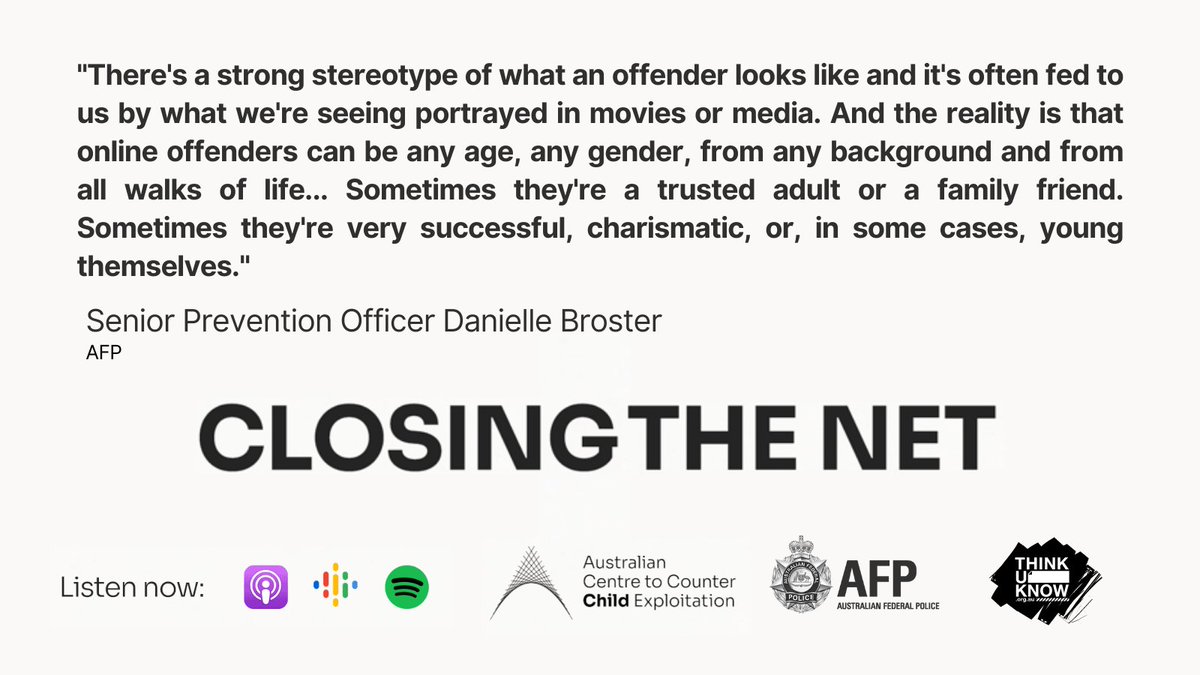 ThinkUKnow_Aus's tweet photo. The @ACCCE_AUS #ClosingTheNet podcast reminds parents & carers that an offender can be anyone, including someone a young person knows or trusts. It's important young people know to seek help & report, no matter who an offender may be.
To learn more: https://t.co/iPySAZxyzt https://t.co/Gx1OV6t5Hx