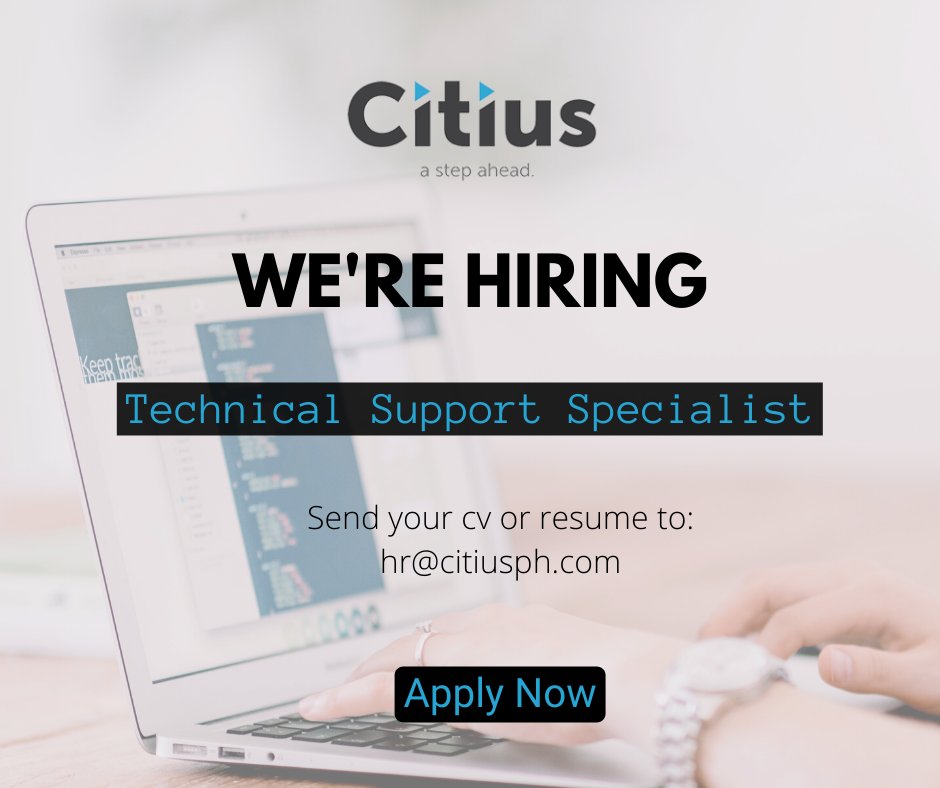 SolutionsCitius's tweet photo. APPLY NOW and be a part of a growing team – we are looking for TECHNICAL SUPPORT SPECIALIST!
Apply here: https://t.co/yT2LOAXCPE

#cebujobs
#Hiring 
#jobshiring
#job 
#JobOpportunity https://t.co/HmSWsxPslf