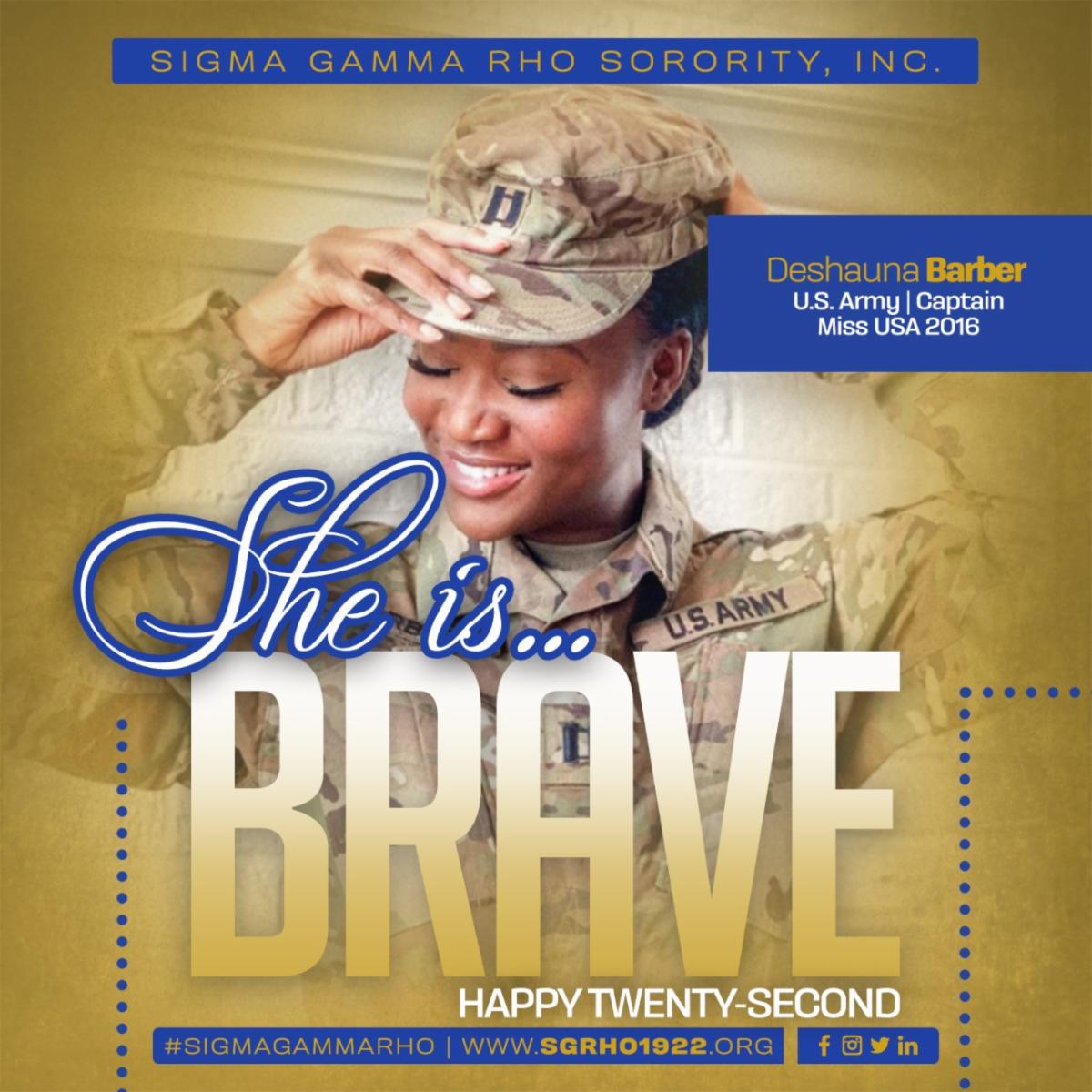 SGRho's tweet photo. SHE IS BRAVE..
"Believe in yourself. You are braver than you think, more talented than you know, and capable of more than you imagine.”
― author unknown
Salute to our SISTERS who serve!
#SigmaGammaRho #SGRho #Greater #RhoadToCentennial #SheIsBrave https://t.co/yLFAxElj0q