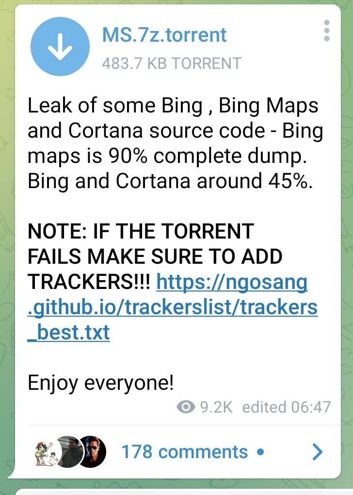 _CyberHunt_'s tweet photo. LAPSUS$ extortion group has released source code to Bing, Bing Maps, and Microsoft Cortana.
#microsoft #leaks #bing #cortana
#bingmaps https://t.co/Y4VKSDy2qu
