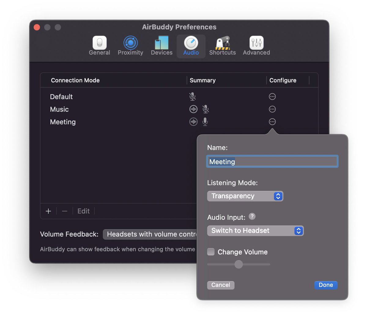 4txt's tweet photo. @airbuddyapp It doesn’t show it in the menu bar (Like with AirPods), but in the AirBuddy Preferences → Devices → WH-1000XM4, you can choose Meeting mode which under AirBuddy Preferences → Audio → Meeting → Configure, has Transparency mode. https://t.co/LctWJY5JxC